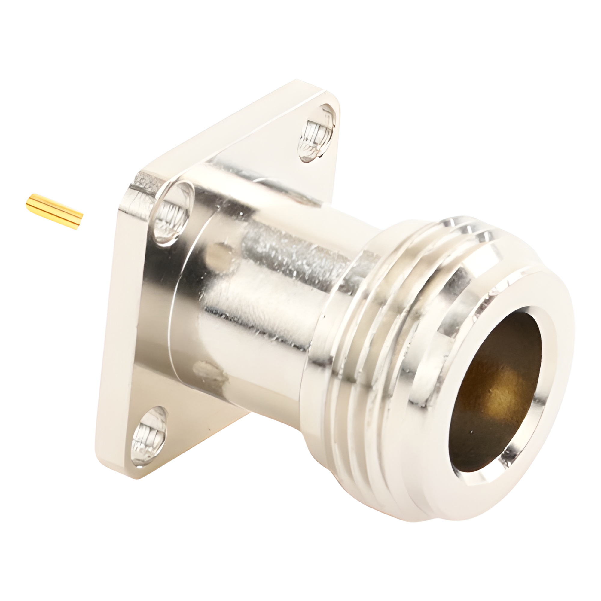 Conector RF N Hembra / Montaje Panel Cuadrado 17.5 mm / 4 Perforaciones 12.7 mm (0.5 in) / Soldable / Contacto Oro / Aislante Teflón
