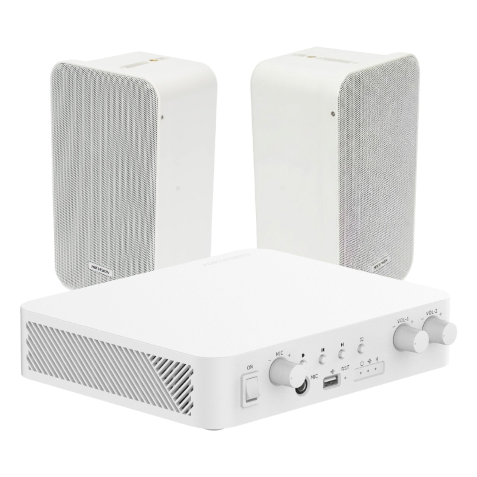 Kit Amplificador 100V / 2 Canales 30W / Bluetooth / USB / RCA / 2 Altavoces Pared 20W / IP66 — HIKVISION · SKU DS-QAE-KIT-0420G