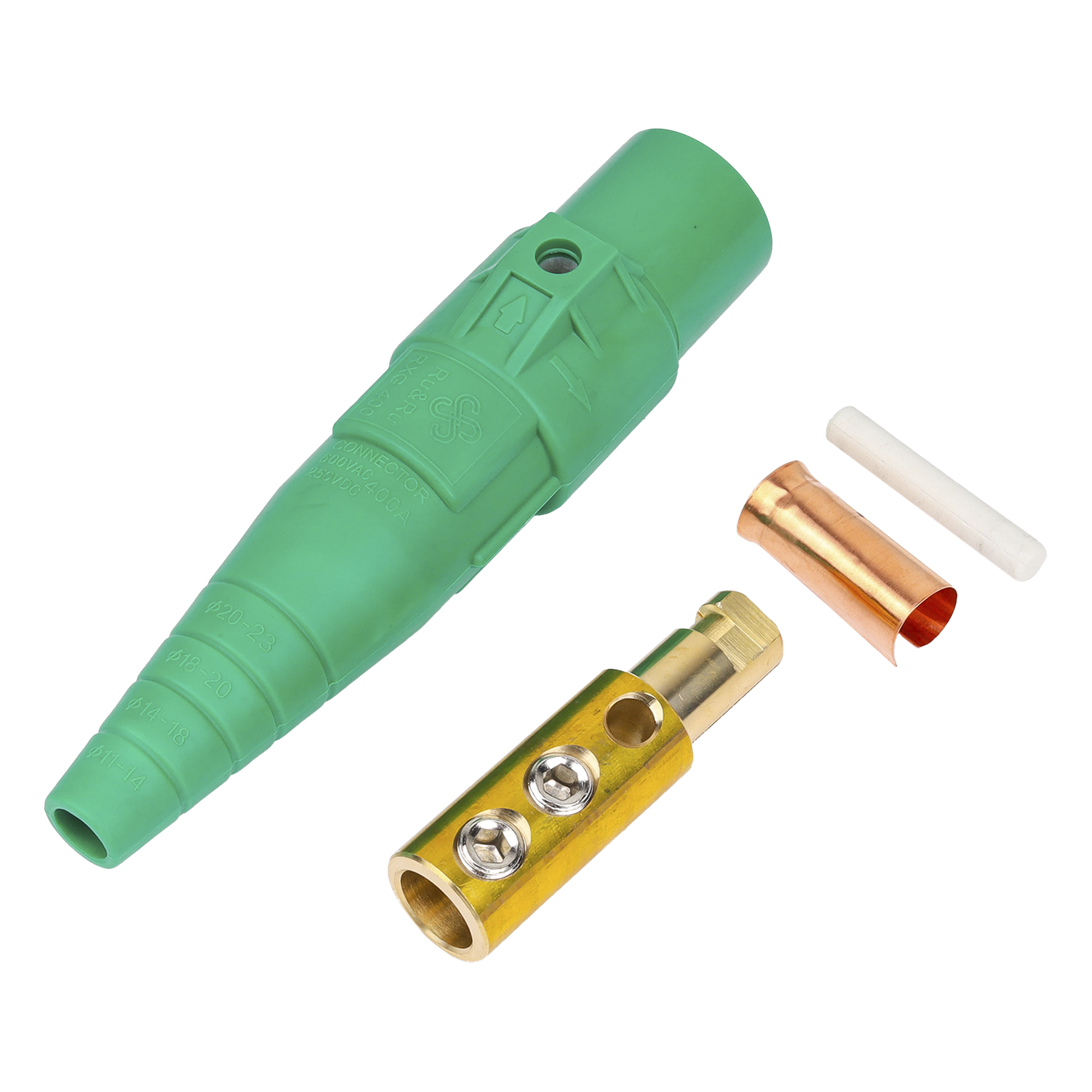 Conector Camlock Macho / 400 Amperes / AC 600V / Sección Cable 50-95 mm² / Abrazadera Compresión / Plástico Ingeniería / Varios Colores — EPCOM PROAUDIO · SKU EP-CAMLOCK-400A-M-GREEN