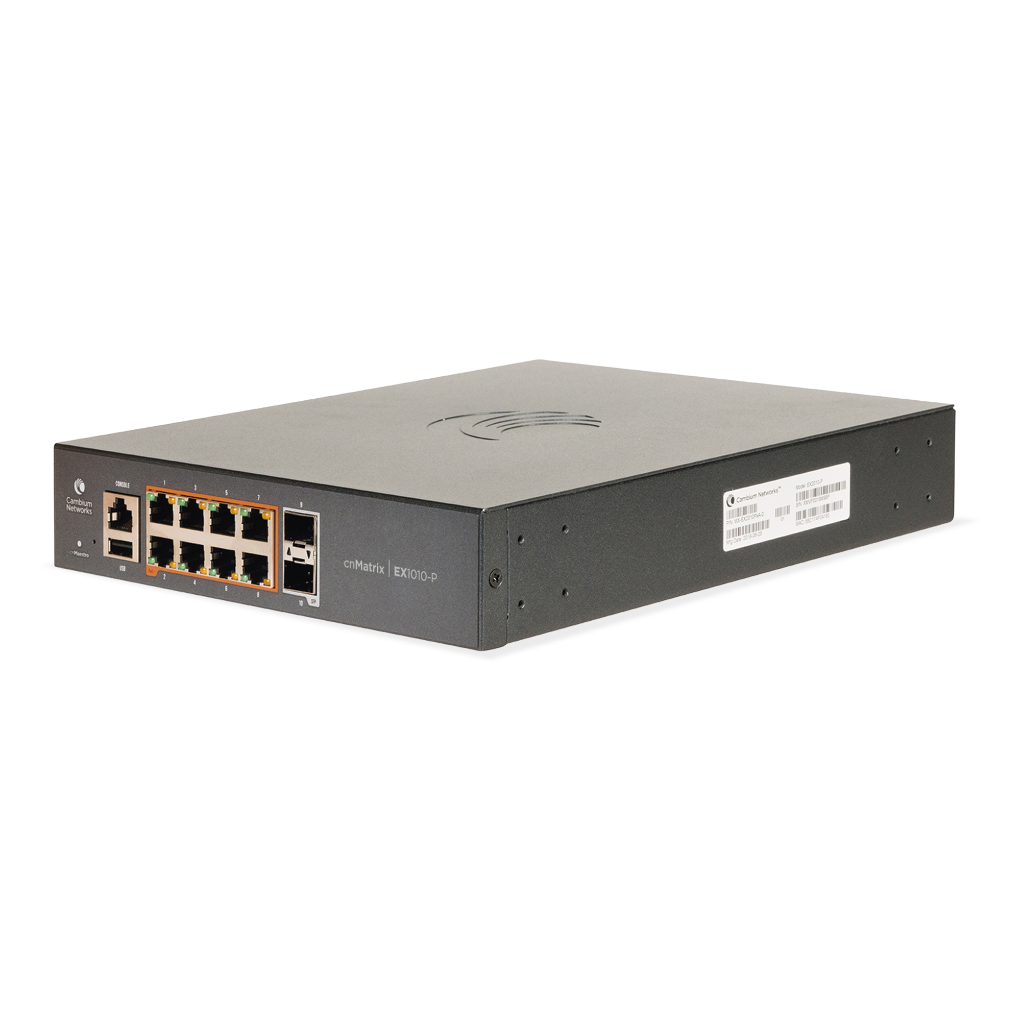 Switch PoE / 8 Puertos Gigabit 802.3af/at / 2 SFP / Capa 2 / Gestión Cloud / Zero-Touch — CAMBIUM NETWORKS · SKU MX-EX1010PXA-0
