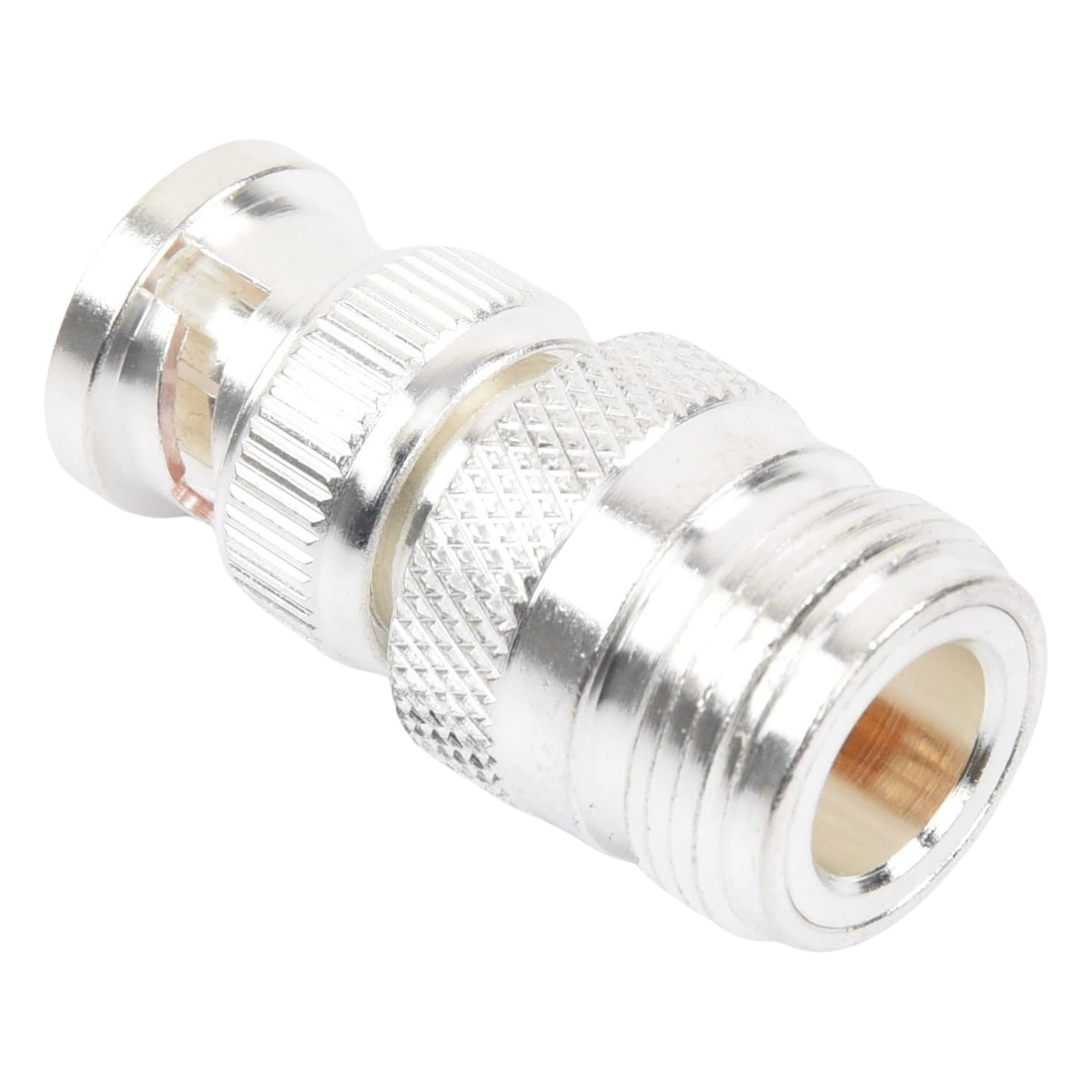 Adaptador RF Coaxial / 50 Ohm / N Hembra a BNC Macho / Montaje en Línea / Cuerpo Bronce Plateado / Contacto Oro / Aislante Teflón