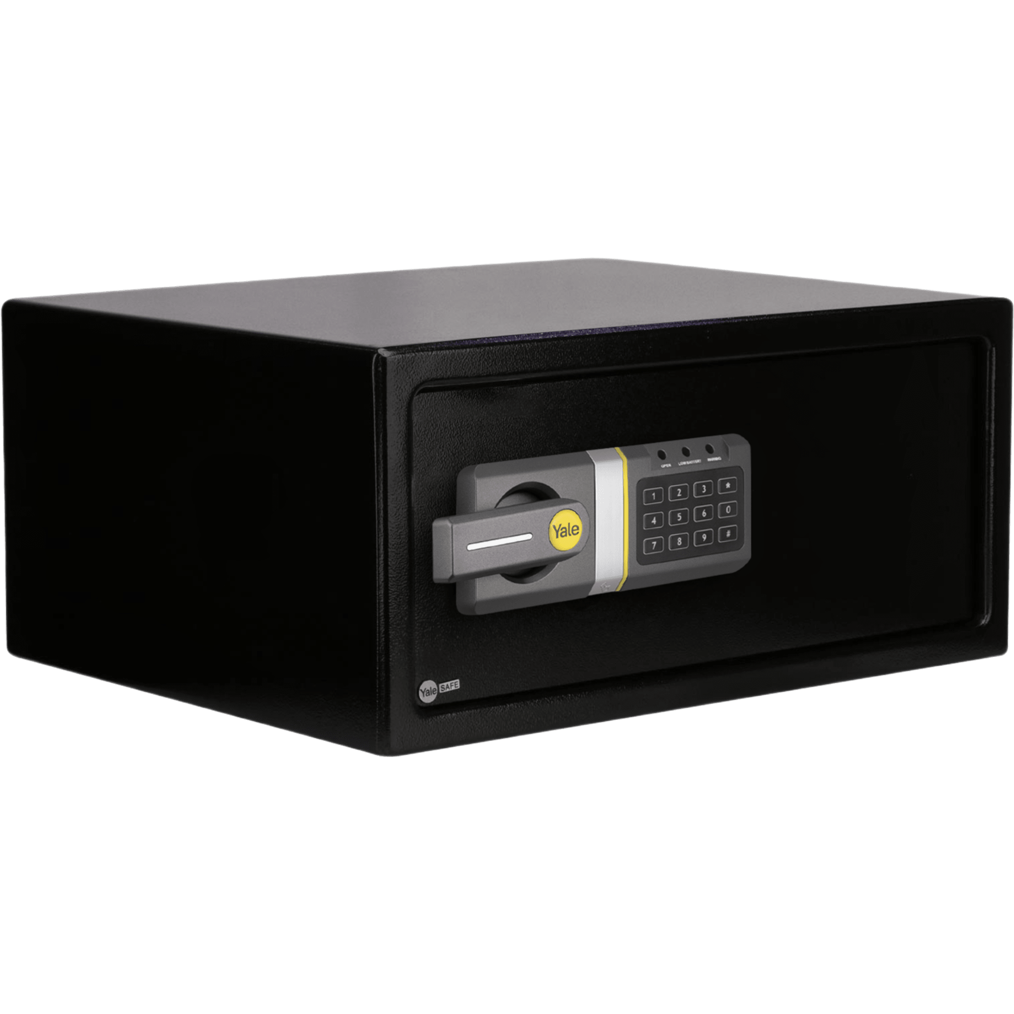 Caja Fuerte Electrónica Residencial / Código 3-8 Dígitos / Llave de Emergencia / Puerta Acero Reforzado 2 Bulones / Bloqueo 5 Minutos / Alimentación 4 Pilas AA / LED Estado — YALE-ASSA ABLOY · SKU MX86977