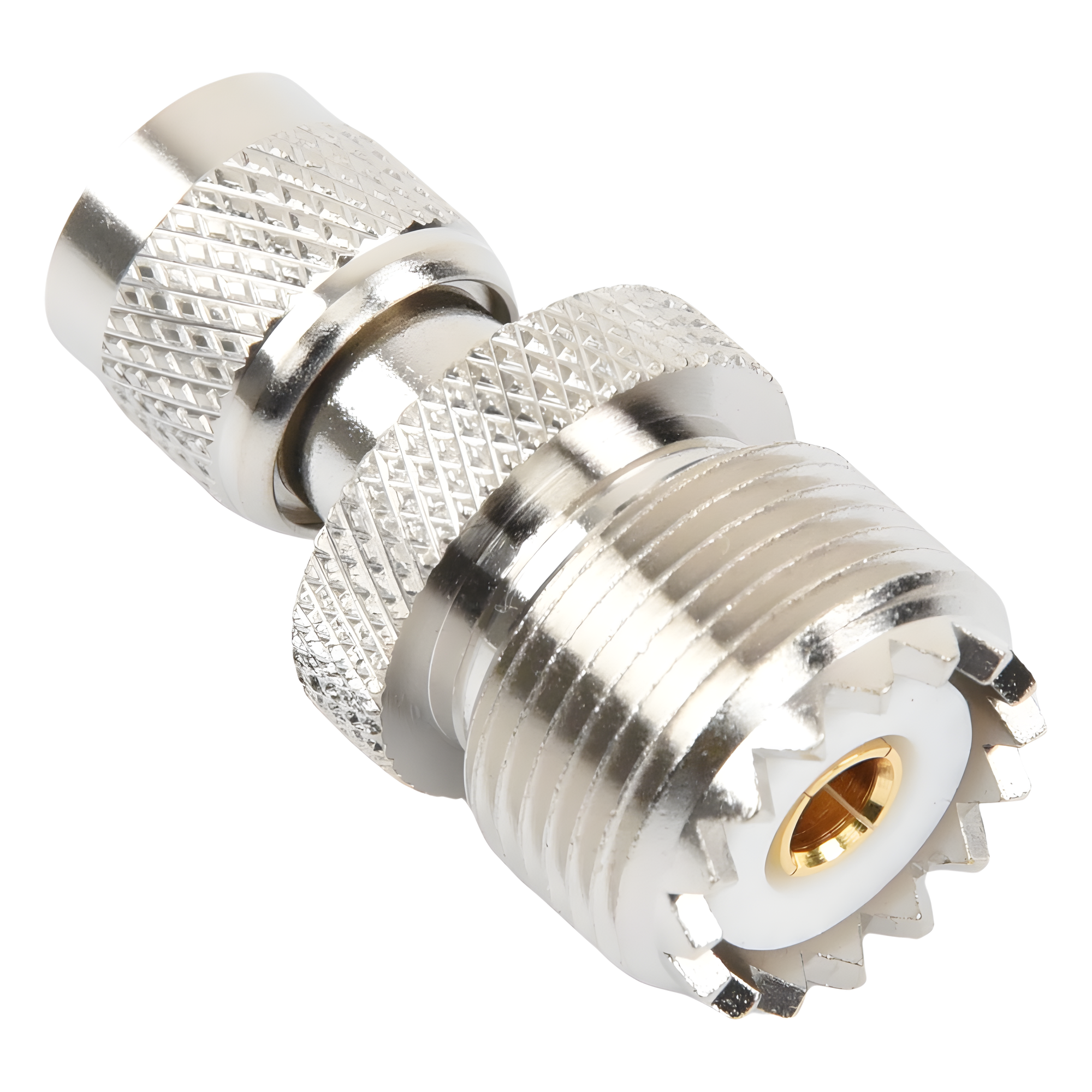 Adaptador Coaxial en Línea / Mini UHF Macho a UHF Hembra (SO-239) / Cuerpo Níquel / Contacto Oro / Aislante Teflón