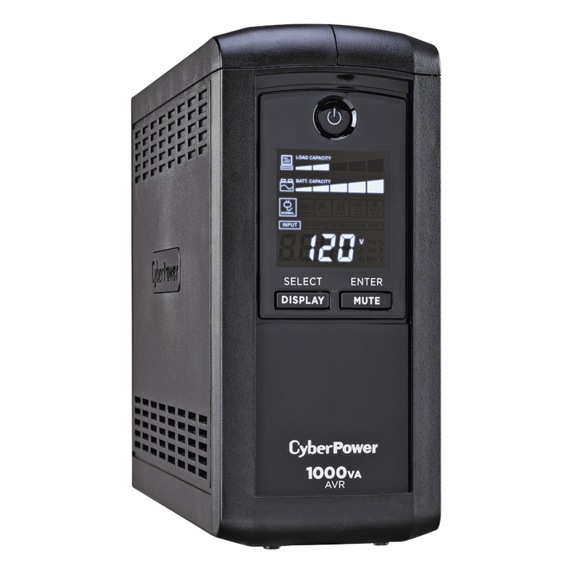 UPS de 1000 VA / 600 W / Topología Línea Interactiva / 9 Tomas NEMA 5-15R / AVR / Pantalla LCD / Supresión 1080 J — CYBERPOWER · SKU CP1000AVRLCDA