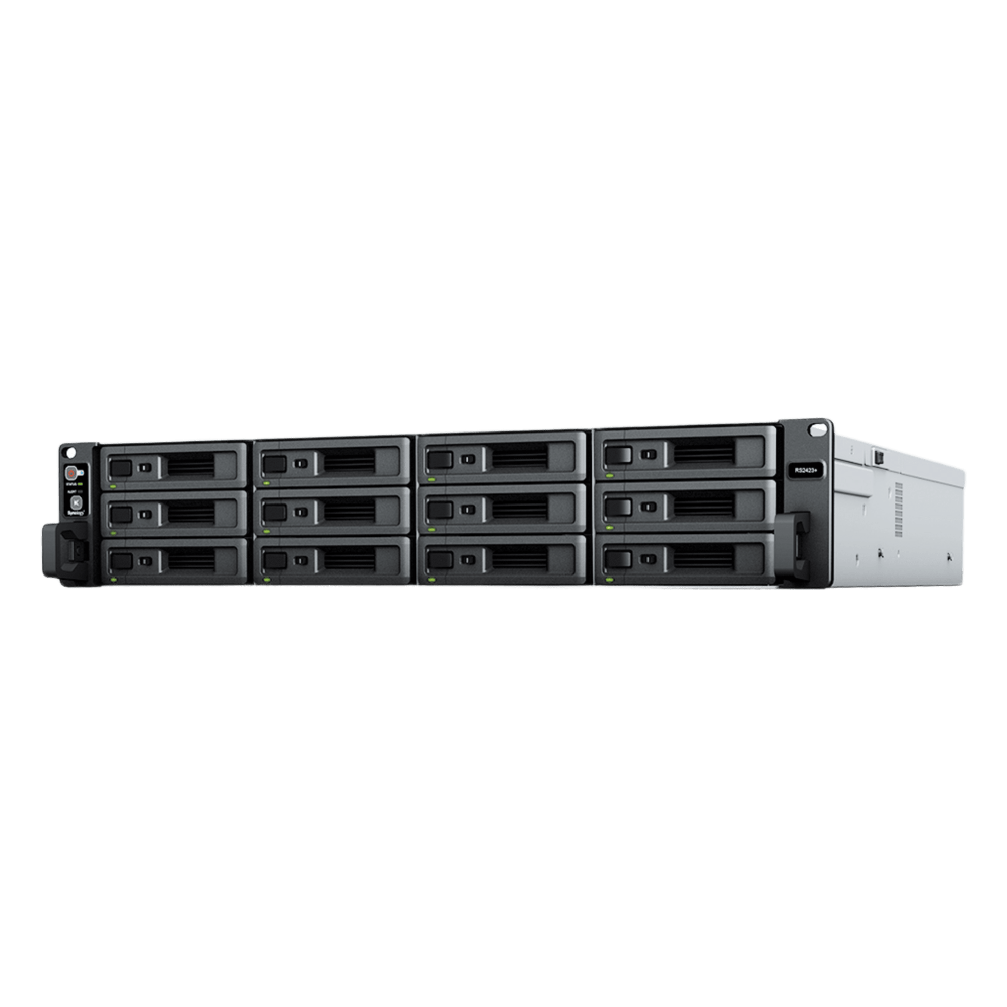 Servidor NAS Rack / 12 Bahías / 2U / Hasta 216 TB (expansible a 432 TB) / Rendimiento 3,500/1,700 MB/s / 10GbE / Fuentes Redundantes / Alta Disponibilidad — SYNOLOGY · SKU RS2423PLUS