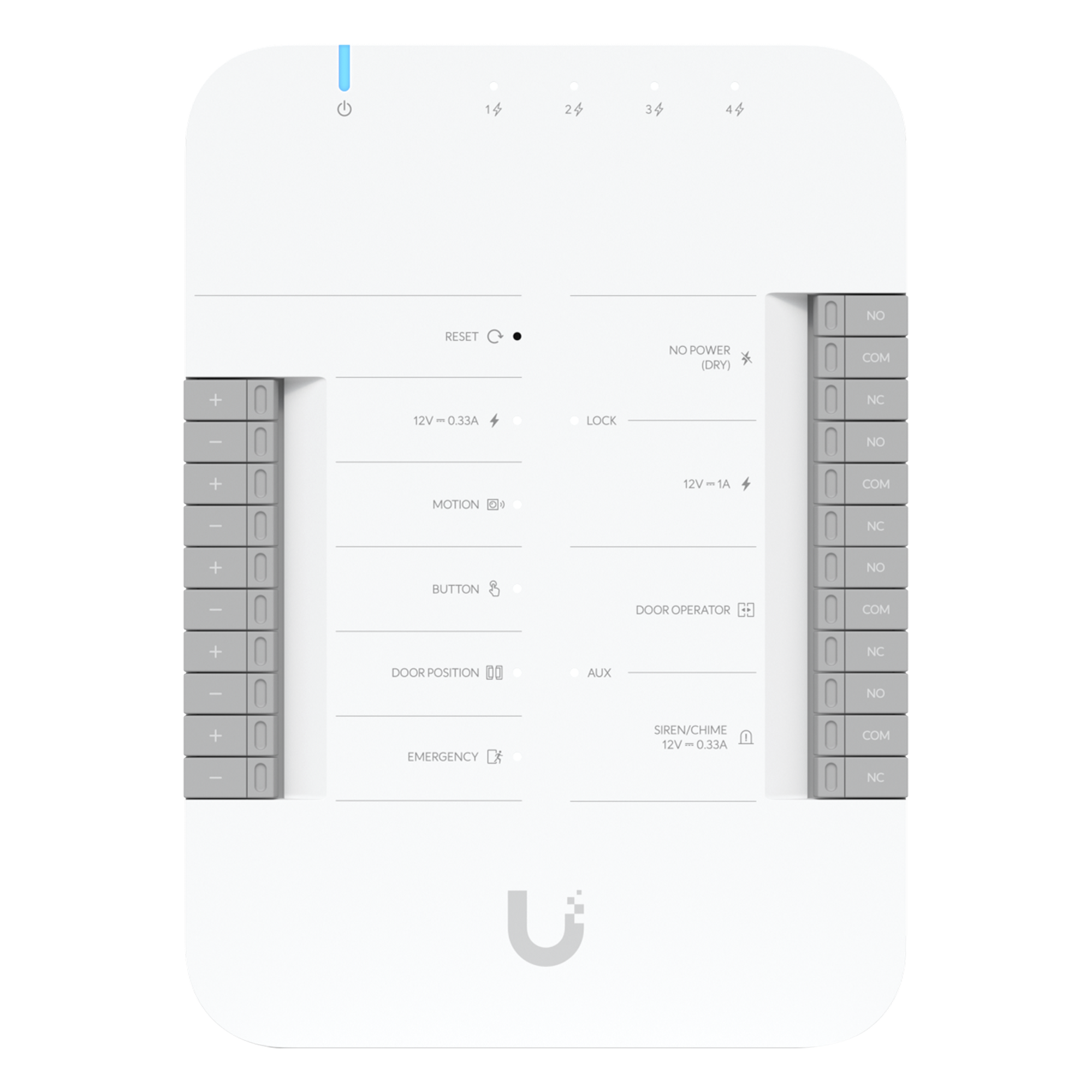 UniFi Access Hub Door, puede conectar 2 lectores y 2 cámaras (no incluidos) para controlar solo una puerta / 2 terminales AUX y 4 entradas adicionales (sensores y botones) POE 802.3bt no incluido