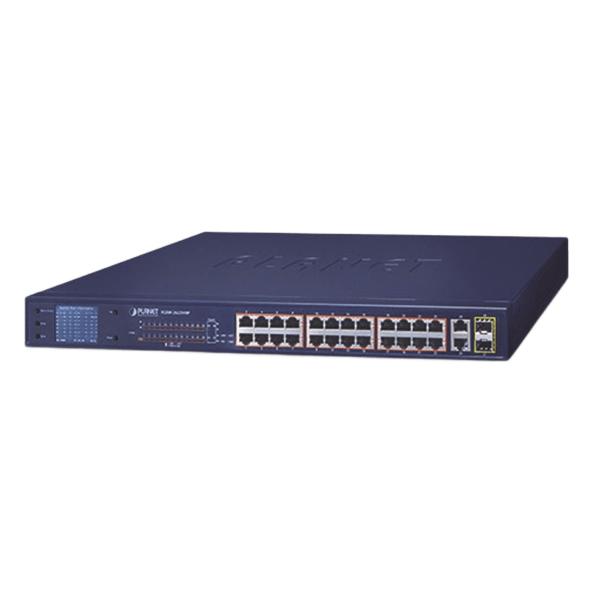 Switch PoE No Administrable / 24 Puertos 10/100 Mbps / 2 Puertos Combo Gigabit TP/SFP / PoE 802.3af/at 300 W / Alcance Extendido 250 m (820.2 ft) / Pantalla LCD — PLANET · SKU FGSW-2622VHP