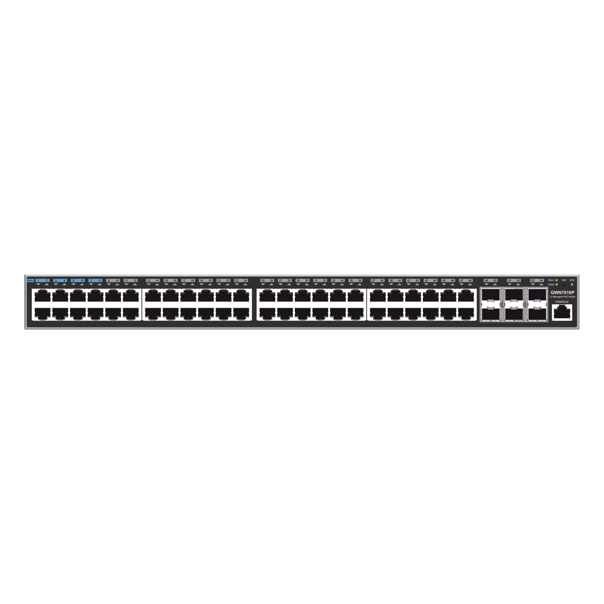 Switch Capa 3 PoE+ Administrable / 48 Puertos Gigabit / 6 SFP+ 10G / 740W / 216 Gbps / 2.43 ft (0.74 m) Altura — GRANDSTREAM · SKU GWN7816P