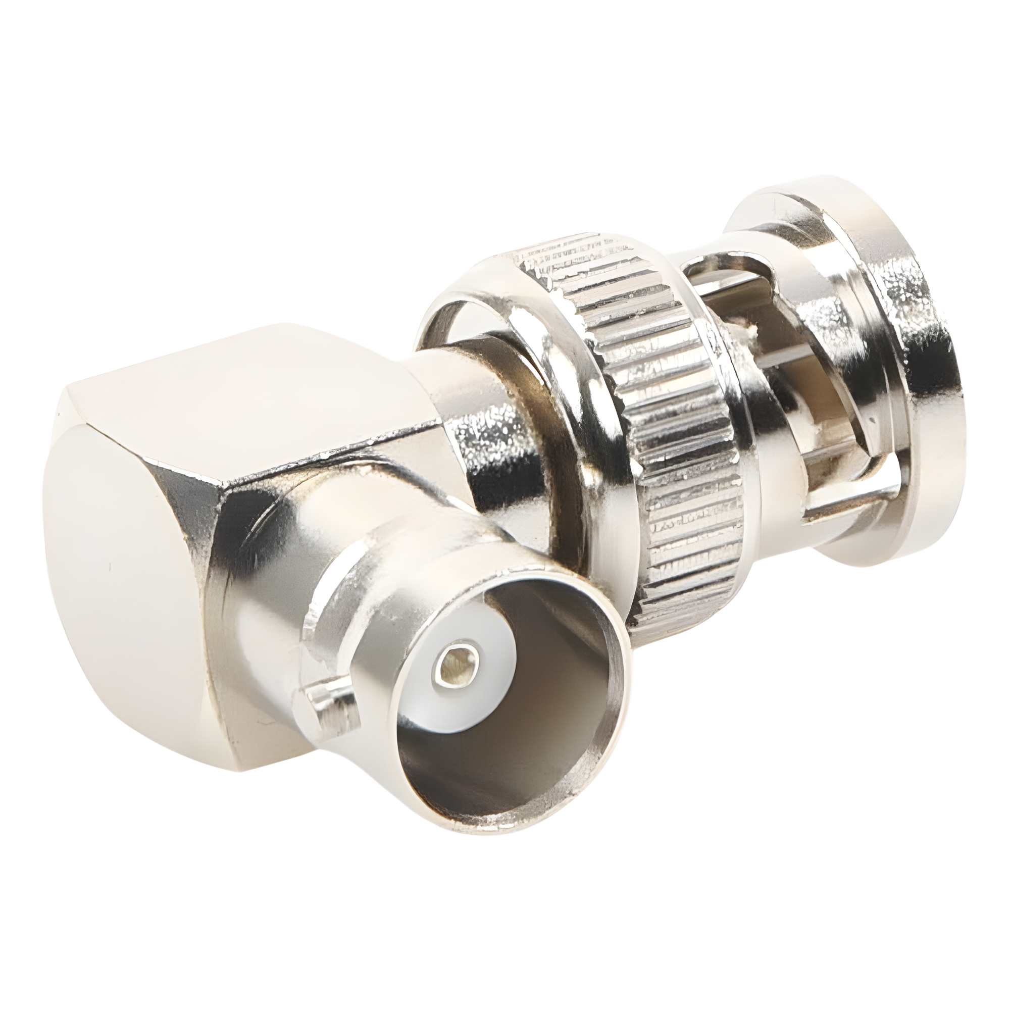 Adaptador RF / BNC Macho a Hembra / Ángulo Recto / 50 Ohm / Cuerpo Niquelado / Contacto Plateado / Aislante Teflón