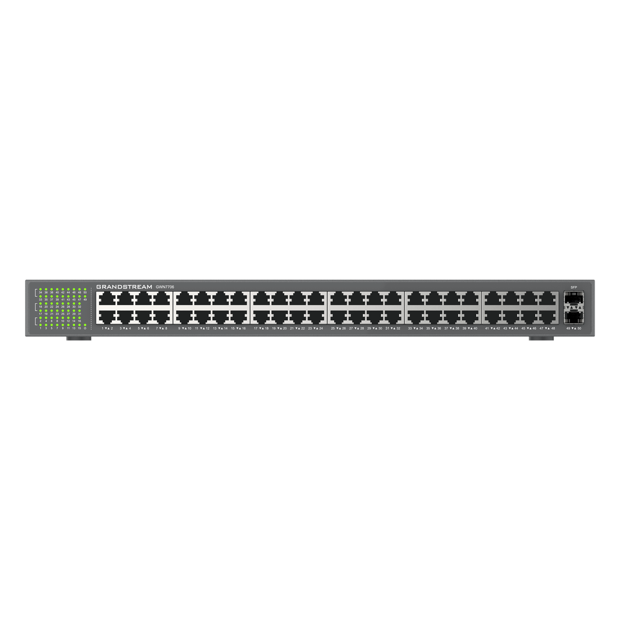 Switch No Administrable / 48 Puertos Gigabit / 100 Gbps / 2 SFP / Montaje Rack / 9KB Jumbo Frame — GRANDSTREAM · SKU GWN7706