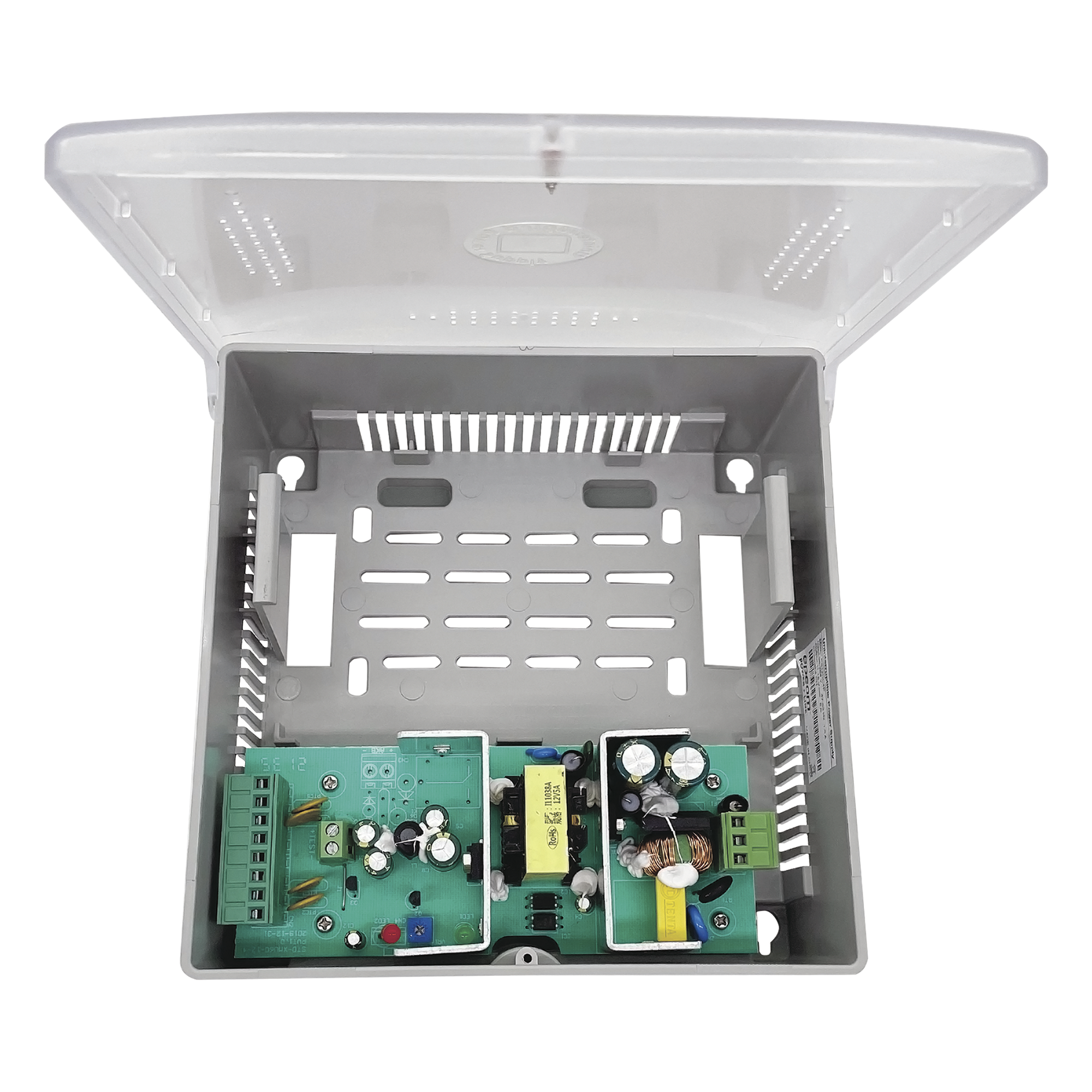 Fuente de Poder con Gabinete de 4 Salidas de 11 - 15 Vcc / 5 Amper /  Voltaje de Entrada: 96 - 264 Vca / Soporta Protección contra Sobrecorriente de Salida, Protección contra Cortocircuito / Led Indicador