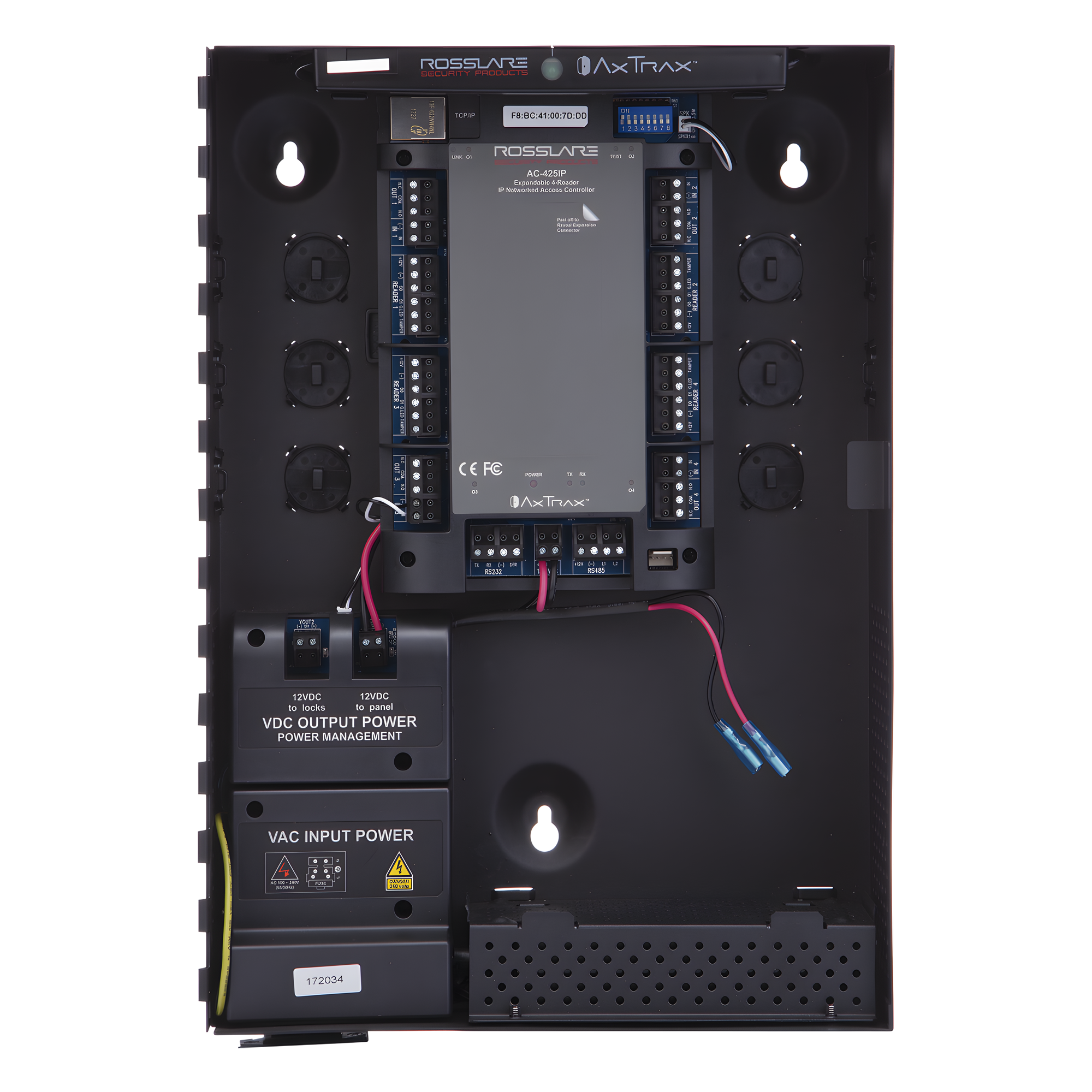 Controlador de Acceso / 4 Lectoras Wiegand 26 Bits / 30,000 Tarjetas / 20,000 Eventos / TCP/IP y RS485 / Expandible a 64 Controladores — ROSSLARE SECURITY PRODUCTS · SKU AC-425IP-BU