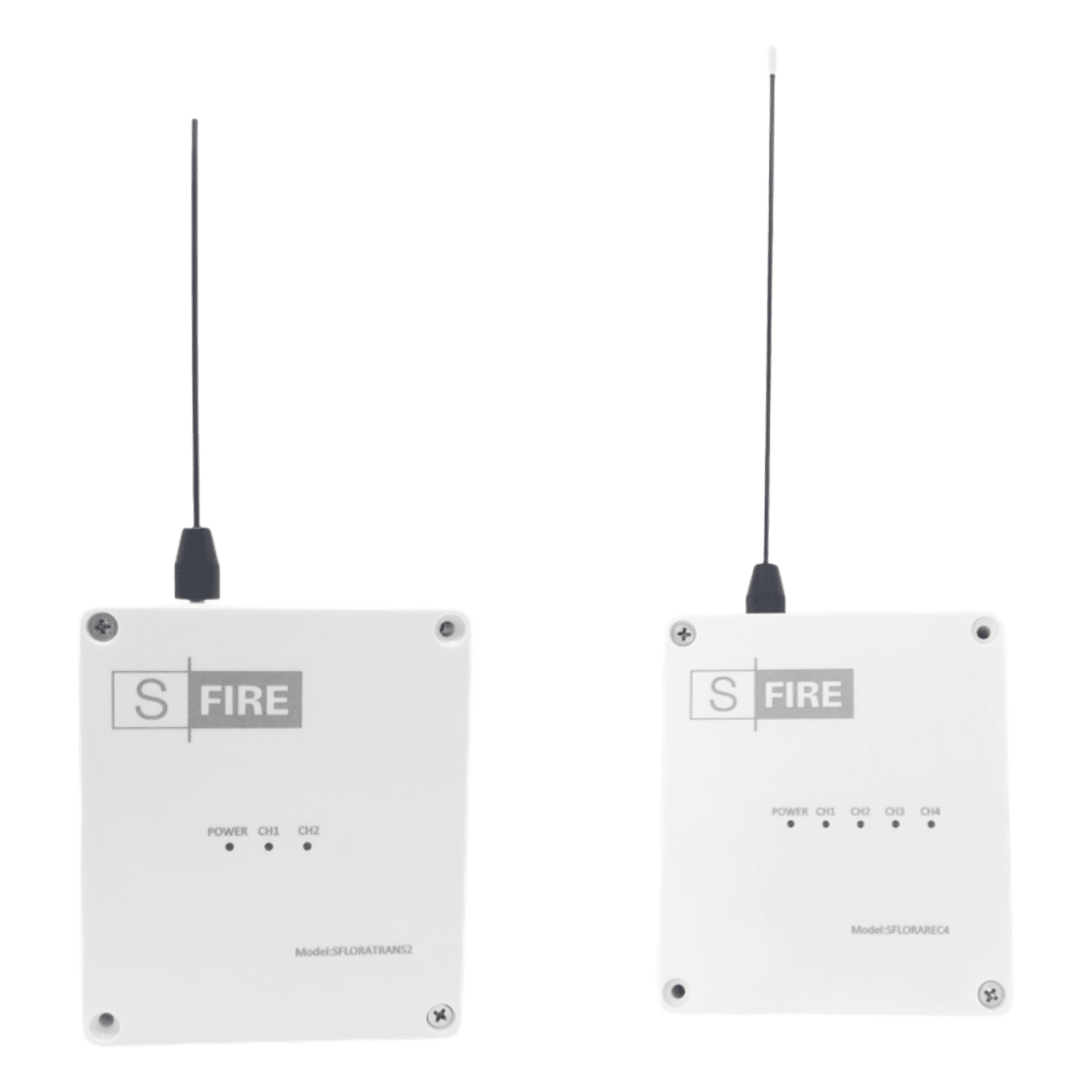 Kit Transmisor-Receptor Inalámbrico / Alcance 2500 m (8202 ft) / Frecuencia 433.92 MHz / 4 Salidas de Relé / Contacto Seco / -20°C a +80°C — SFIRE · SKU SFLORAKIT4
