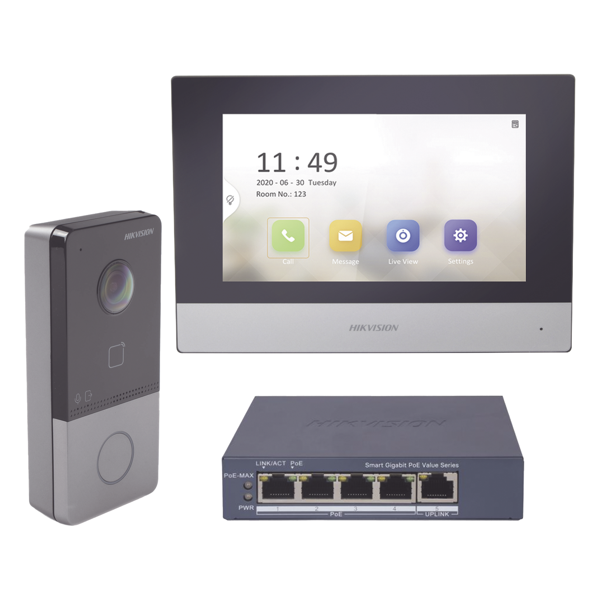 Kit de Videoportero IP / Pantalla Táctil 7" / Cámara 1080p / IR Nocturno 3 m (9.8 ft) / IP65 / PoE / Apertura MIFARE / App Móvil — HIKVISION · SKU DS-KIS603-P/S