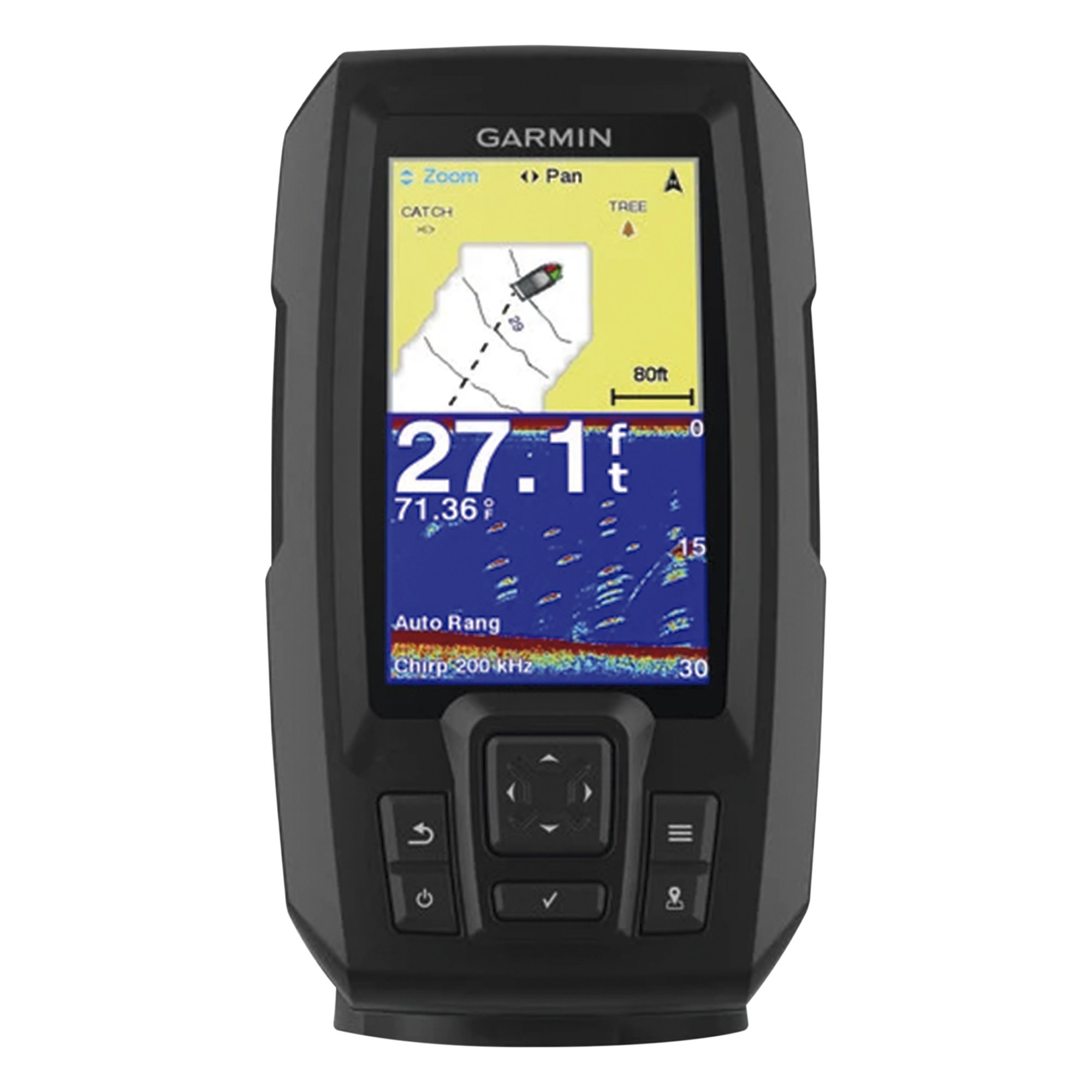 Fishfinder con GPS / Pantalla QSVGA 272 x 480 píxeles / Frecuencias 50-200 kHz / Potencia 200 W RMS / IPX7 — GARMIN · SKU 10-01870-00