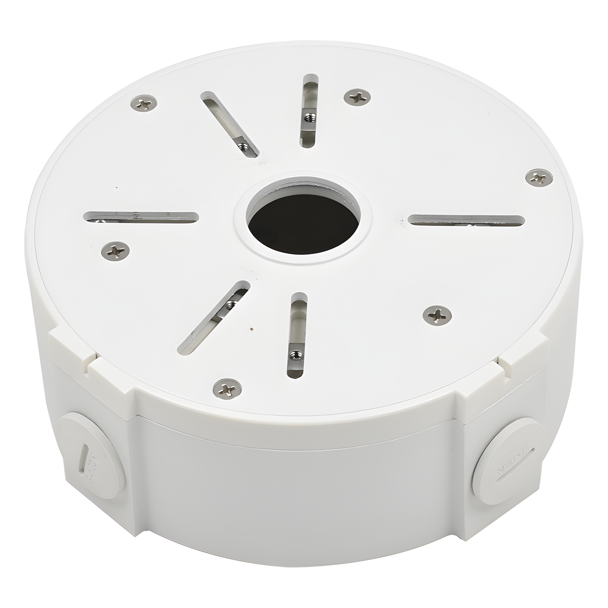 Caja de Conexiones Universal / Interior / Aluminio / Blanco / Bala Domo Turret / 3 y 4 Orificios / Conexión 3/4 — SYSCOM VIDEO · SKU XGA130
