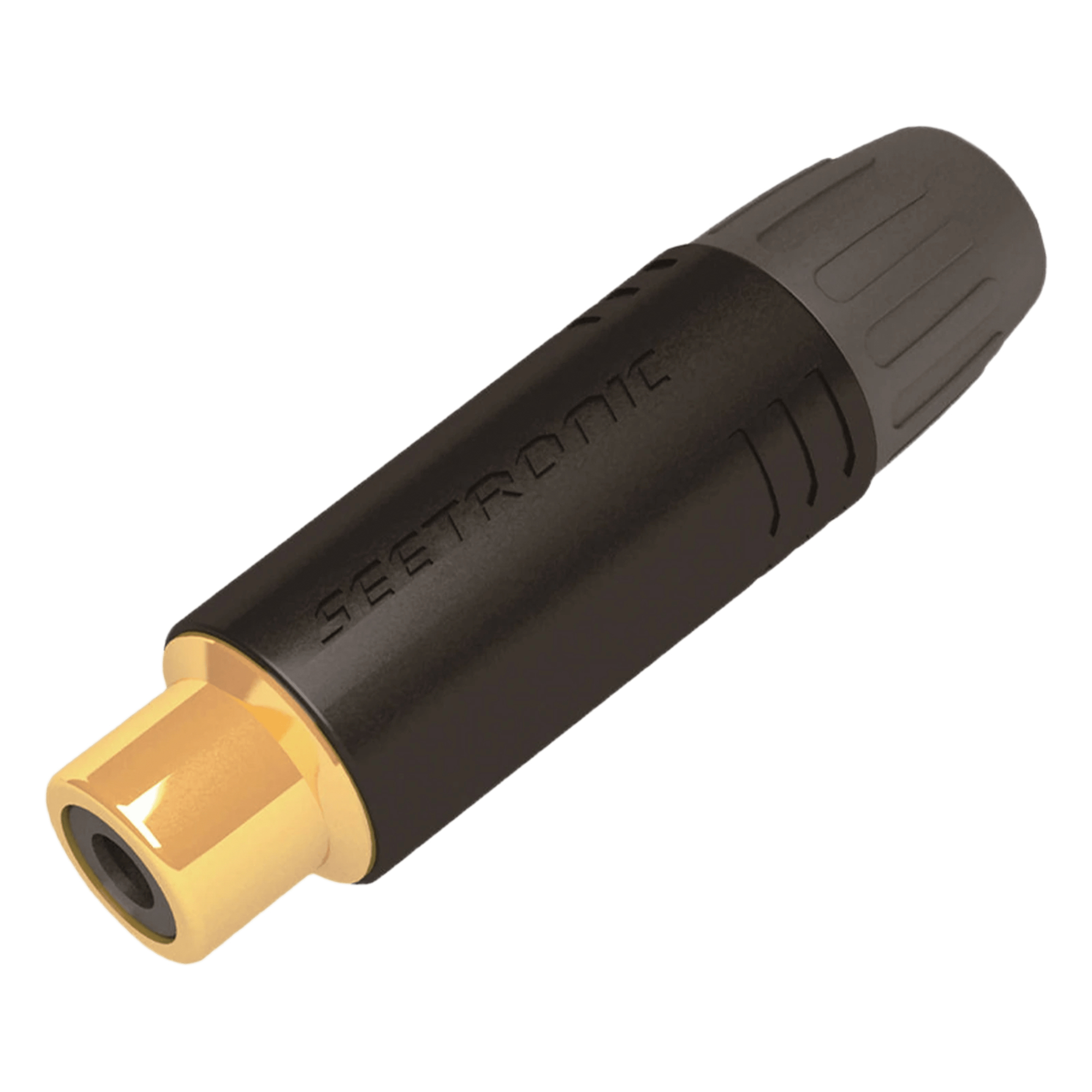 Conector RCA Hembra / Contacto Chapado en Oro / Carcasa Metálica Negra / Cable OD 3.5-6.5 mm / 2000 Ciclos — SEETRONIC · SKU MT390