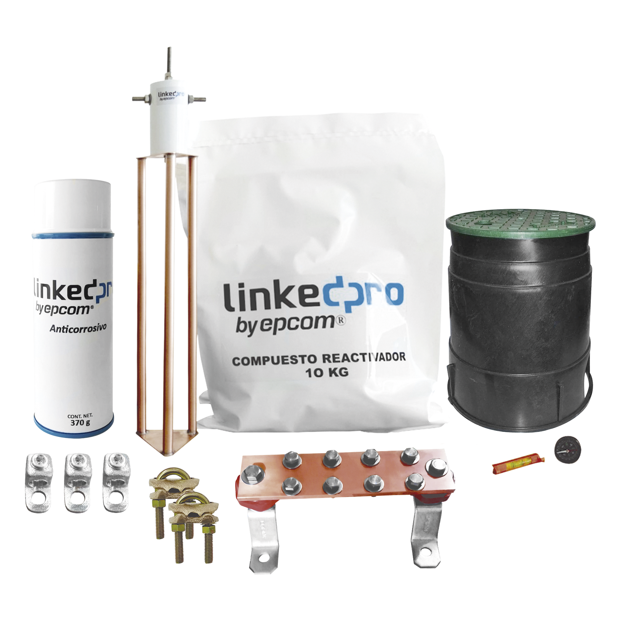 Kit Puesta a Tierra 30A / Electrodo Cobre Electrolítico / Diseño Delta / Filtro Equipotencial / Compuesto 12 kg / Barra Unión + Conectores + Registro — LINKEDPRO BY EPCOM · SKU LP-GROUND30A-KIT