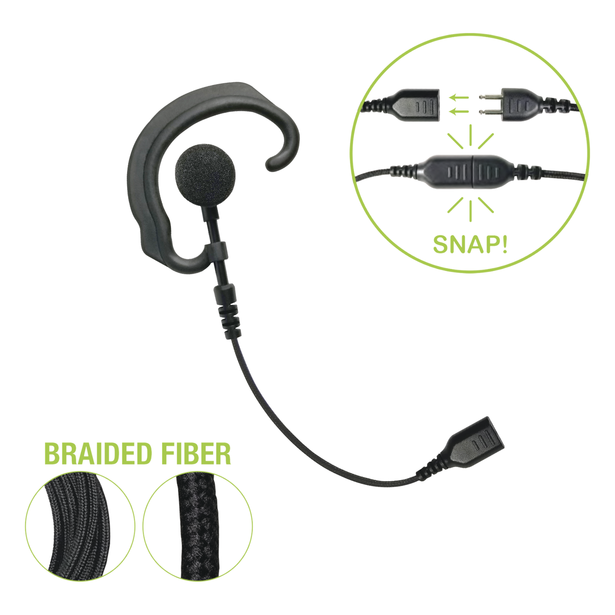 Auricular de Gancho para Oído / Cable de Fibra Trenzada / Conector SNAP / Altavoz Giratorio / Compatible Micrófono Solapa 1 o 2 Hilos