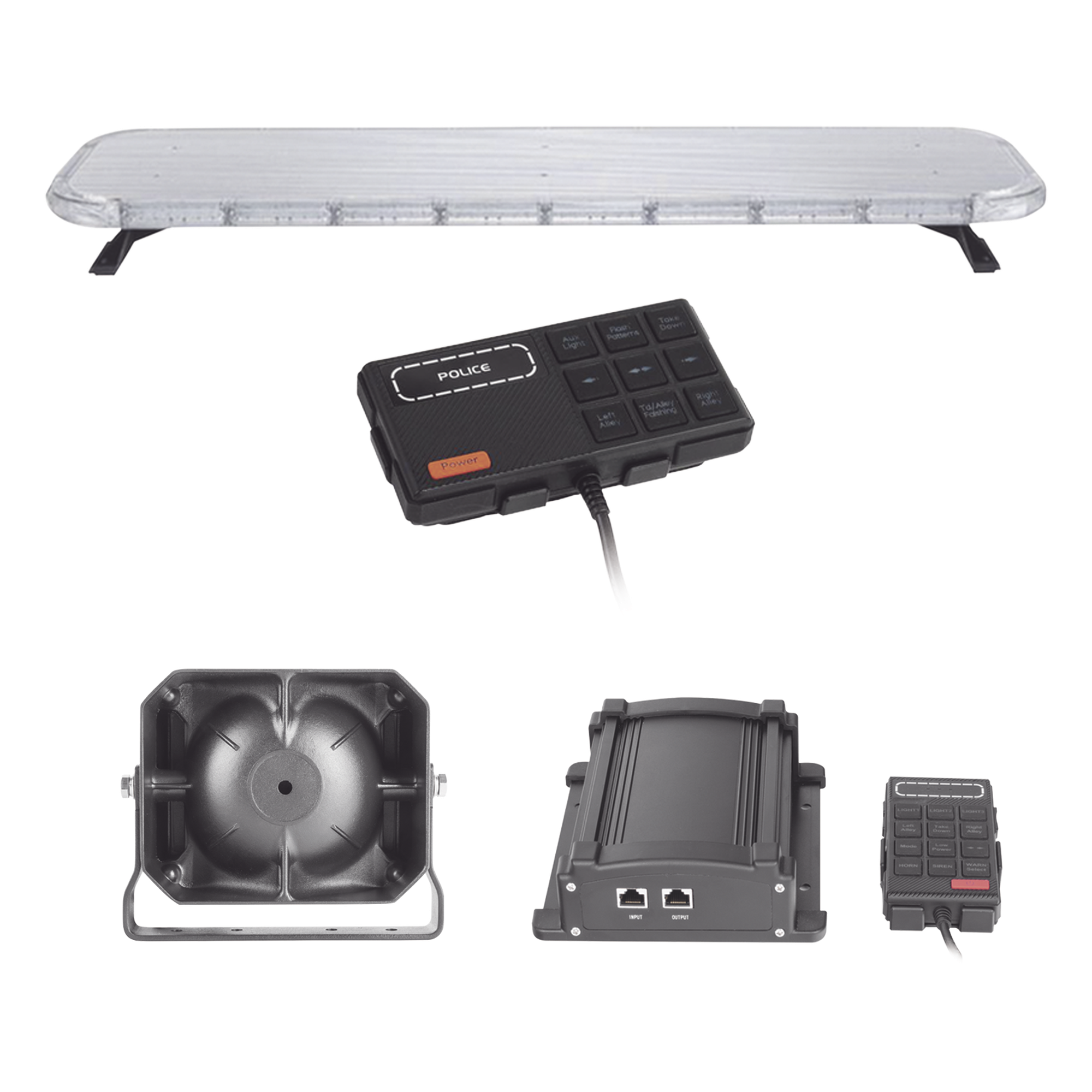 Kit de Equipamiento para Unidades de Seguridad Pública / Barra LED 132 LEDs Hyperlux G3 / 22 Módulos Control Tráfico Rojo/Azul / Sirena 100 W / IP65 / SAE J1345 — EPCOM INDUSTRIAL SIGNALING · SKU X75RBSKITF