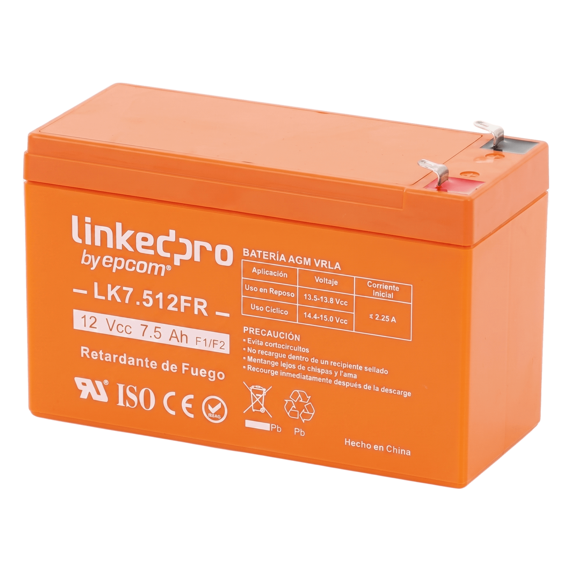 Batería de Respaldo AGM-VRLA / 12 V / 7.5 Ah / Vida Útil 5 Años / Retardante UL94-V0 / Terminales F1+F2 — LINKEDPRO BY EPCOM · SKU LK7.512FR