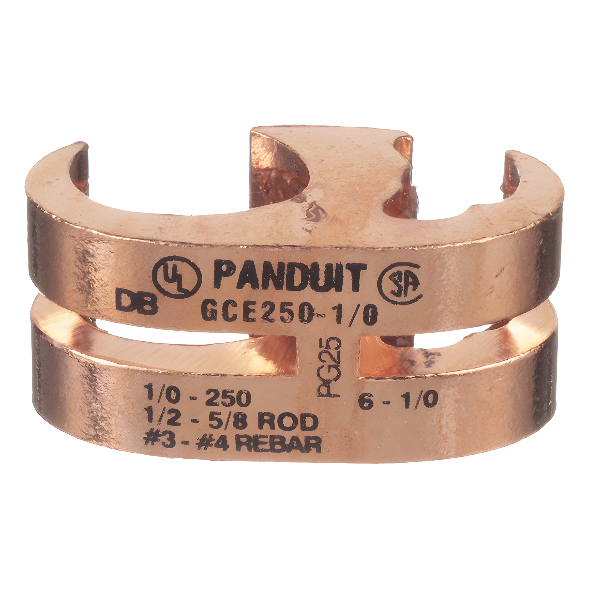 Conector de Conexión a Tierra tipo E / Conductor 1/0 AWG STR – 250 KCMIL MAIN / 6 AWG SOL – 1/0 AWG STR TAP / Certificación UL467 y CSA — PANDUIT · SKU GCE250-1/0-Q