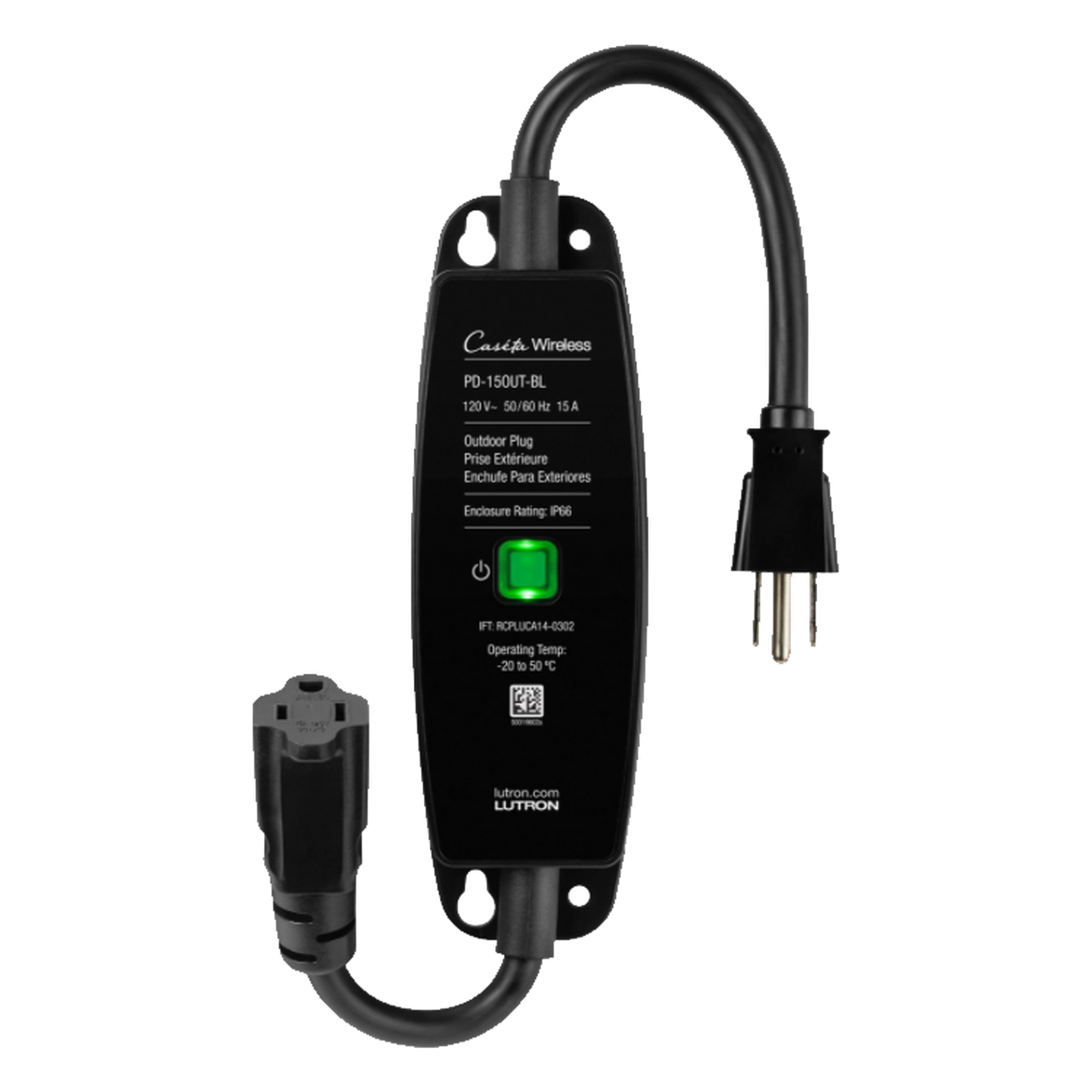 Enchufe Inteligente para Exteriores / 15 A / 1/2 HP / RF 18 m (59.1 ft) / Control Pico Directo / GFCI / Negro — LUTRON CASETA WIRELESS · SKU PD15OUTBL