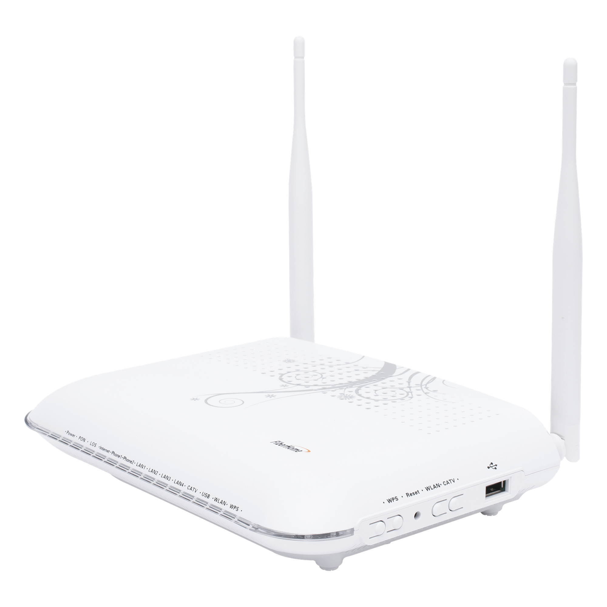 ONU GPON con 4 puertos Gigabit Ethernet + 2 POTS + 1 USB + 1 CATV (RF) + WiFi 2.4 GHz, conector SC/APC