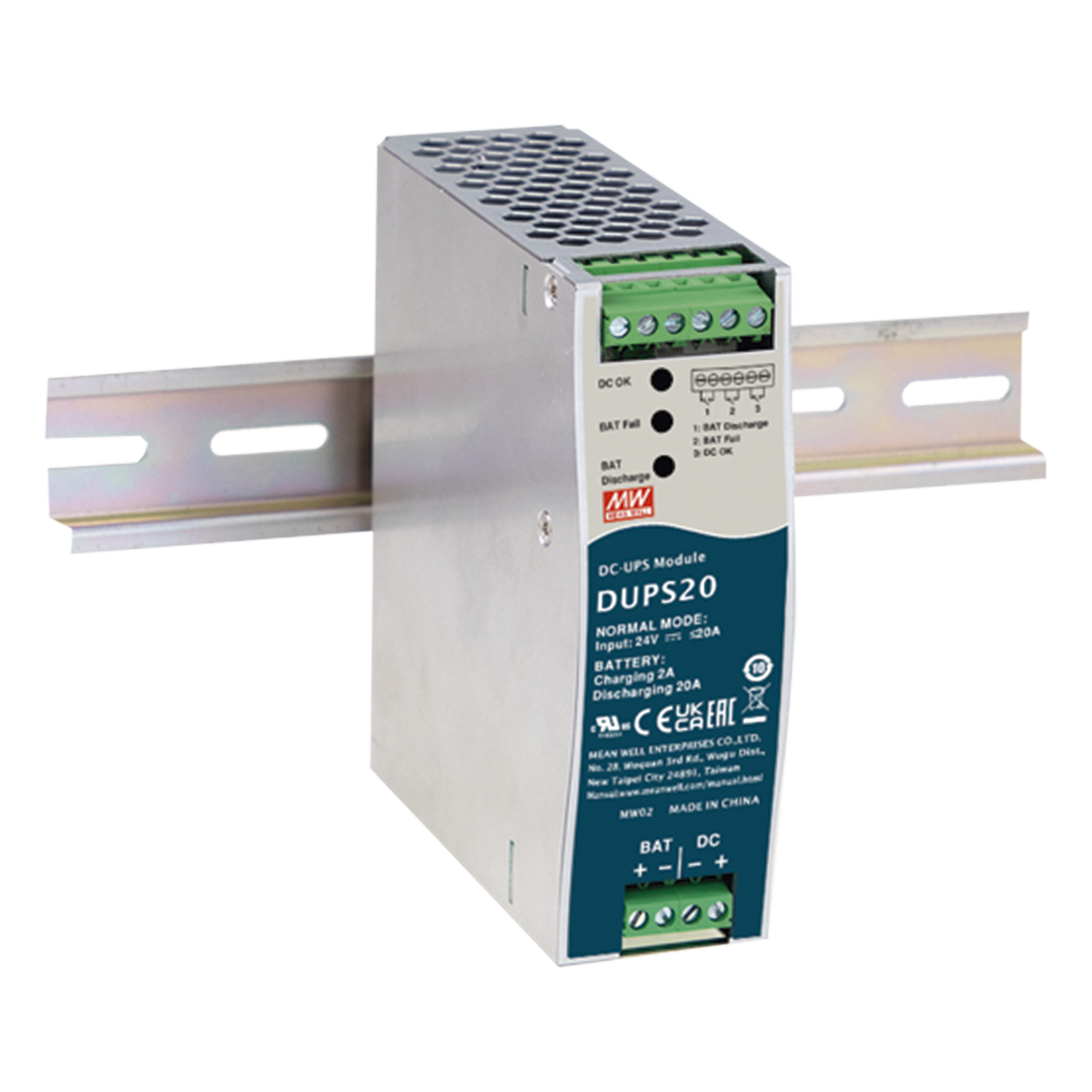 Módulo DC-UPS / 24 VDC 20 A / Riel DIN / Baterías 4 a 135 Ah / -30 a +70°C — MEANWELL · SKU DUPS20