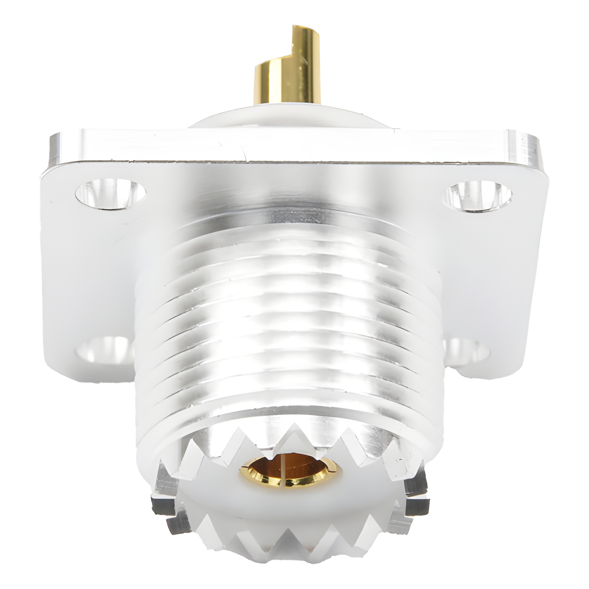 Conector RF Hembra / UHF SO-239 / Montaje Chasis 4 Hoyos / Terminal Soldable / Aislante Teflón