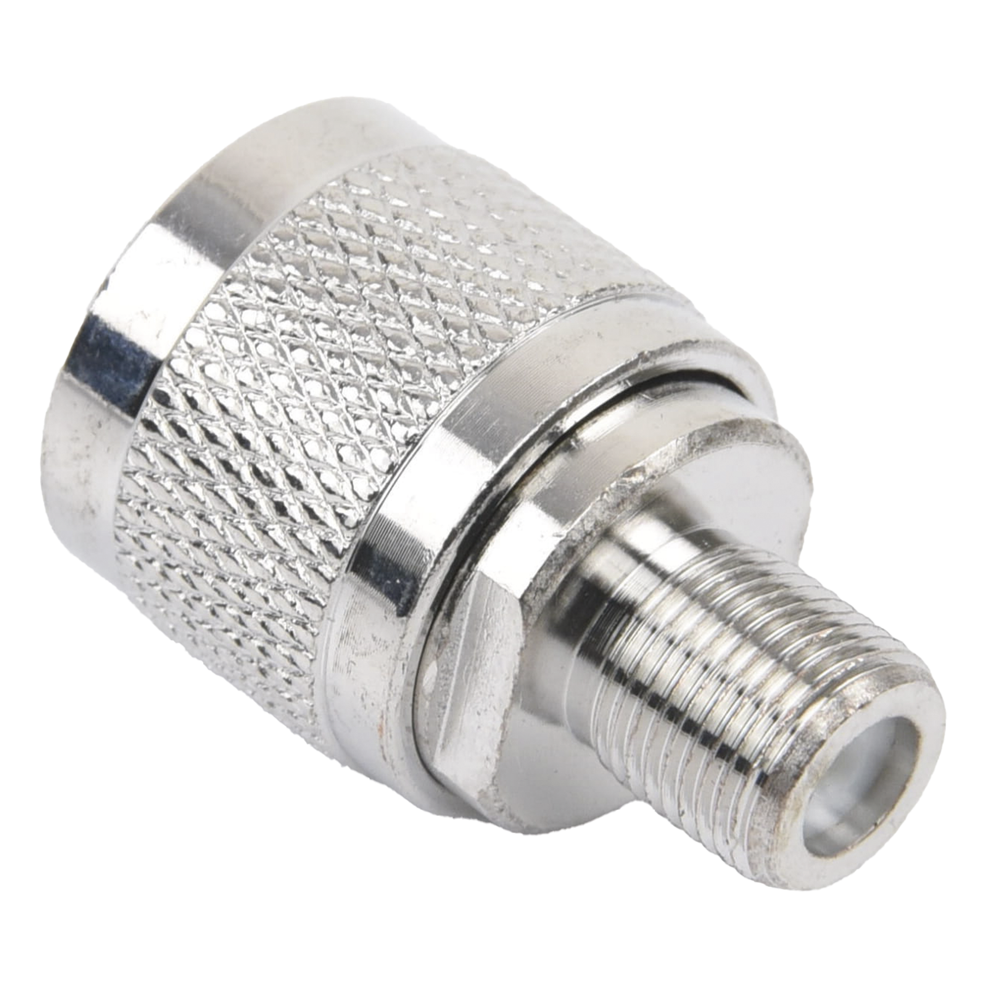 Adaptador Coaxial RF / N Macho a F Hembra / Montaje en Línea / Bronce Niquelado / Contacto Oro / Teflón / -20℃ a 80℃