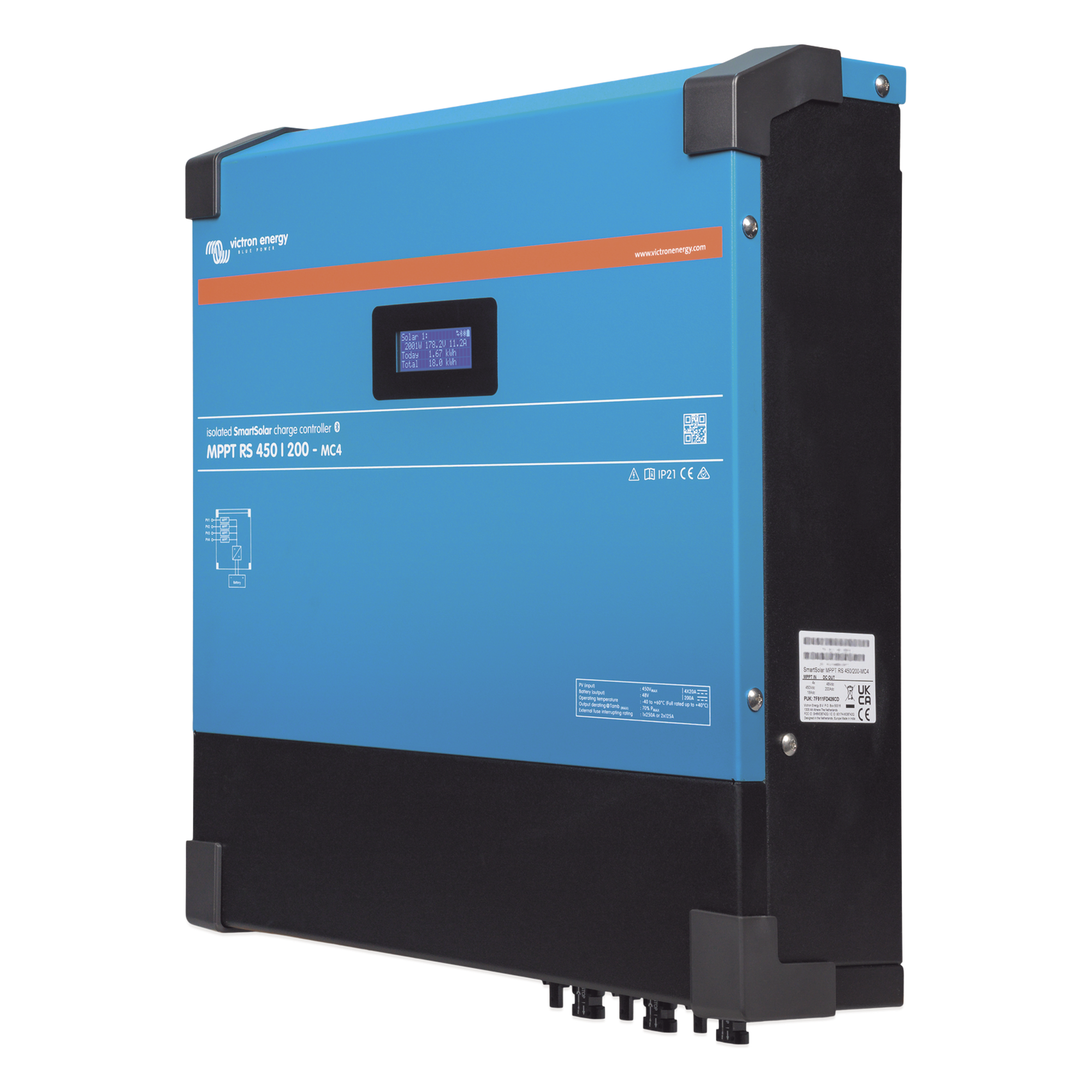 Controlador de Carga Solar MPPT / 100A / 48 Vcc / 5.76 kW / 65-450 Vcc / Aislamiento Galvánico / Bluetooth y VE.Can — VICTRON ENERGY · SKU MPPTRS450/100